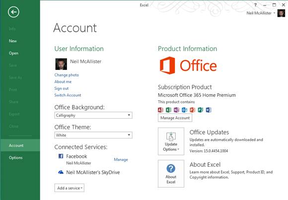 Screenshot of Excel for Office 365 showing product activation info