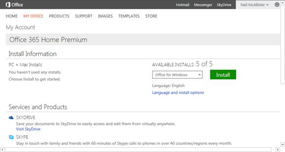 Screenshot of Office 365 subscription management UI