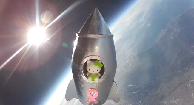 The Hello Kitty high above the Earth with the Sun in the background