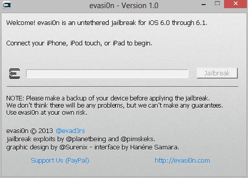 Screenshot of Evasi0n iOS 6 jailbreak tool