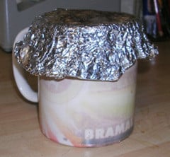 Mr Davis's mug covered in tinfoil