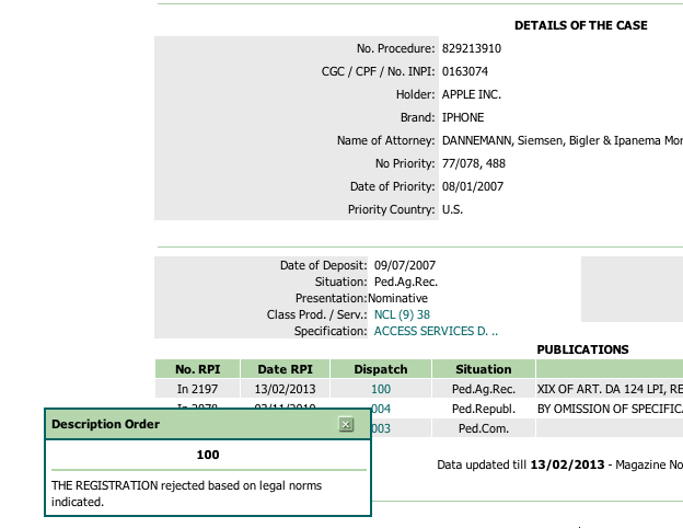 Screengrab Brazil's patent and trademark office, Apple trademark