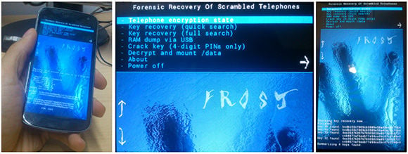Photos of FROST in action, extracting encrypted data from Android