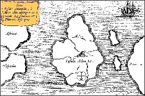 Athanasius Kircher's map of Atlantis c. 1669, North is at the bottom