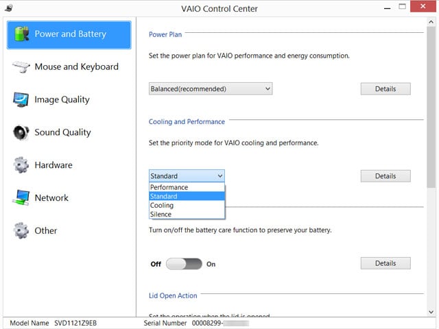 Sony Vaio Control Centre