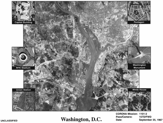 Corona image of Washington DC, with key buildings identified