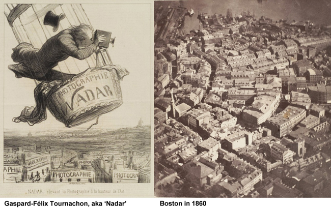 A cartoon of Nadar and the first surviving aerial image, of Boston