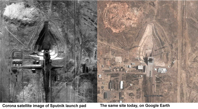 The Sputnik launch pad, as seen by Corona and today on Google Earth