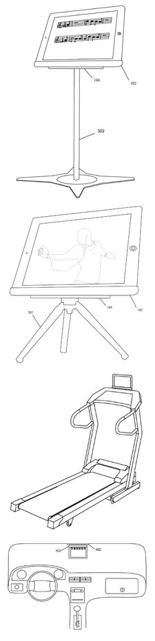 Apple magnetic-iPad-stand patent illustrations of a music stand, desktop tripod, treadmill stand, and in-car attachment