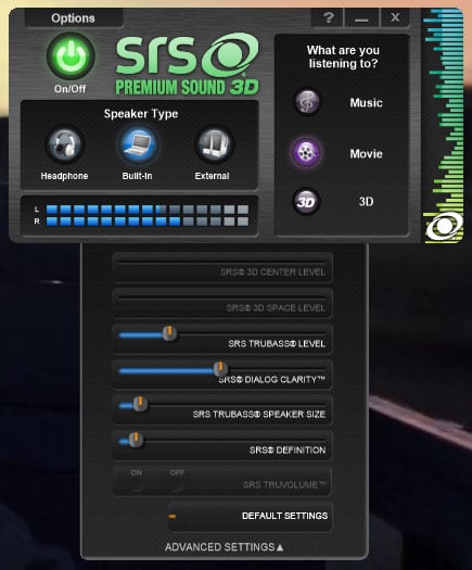 SRS Premium Sound 3D control panel