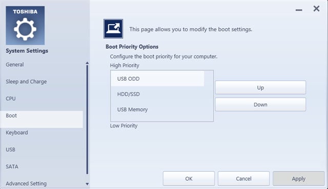 Toshiba Satellite U920T Ultrabook system settings boot options