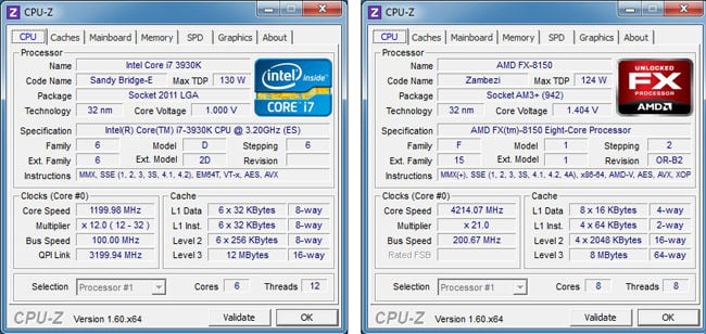 CPU Z readout for Intel and AMD