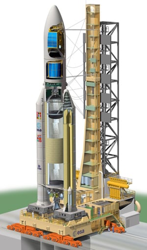 Cutaway view of the Ariane 5 on the launchpad. Pic: ESA