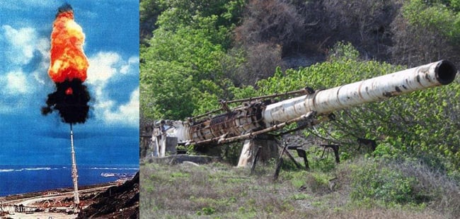 The HARP gun firing, and as it is today, abandoned in Barbados