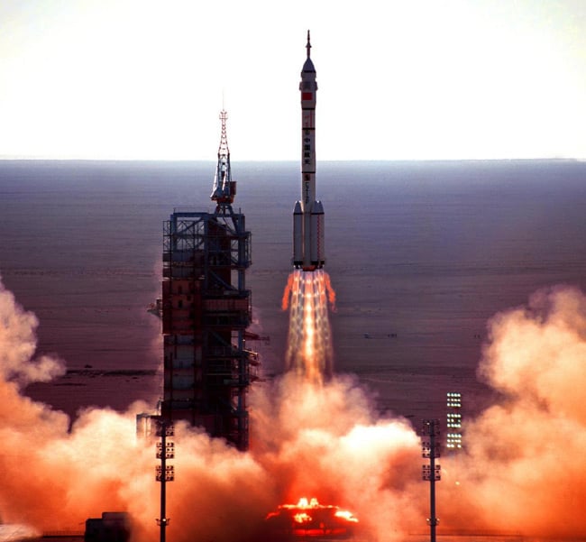 A Long March 2F lifts Shenzhou 5 at Jiuquan Satellite Launch Centre in 2003