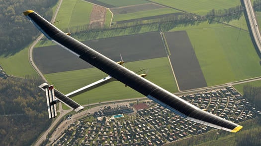 The Solar Impulse HB-SIA flies over Switzerland during an April 2011 test flight