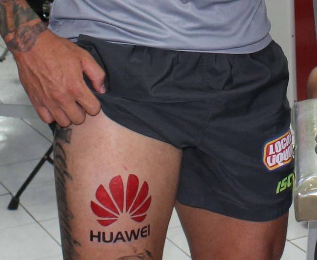 A fake tattoo on the leg of Canberra Raiders footballer Sandor Earl, sent by Huawei as an April Fool