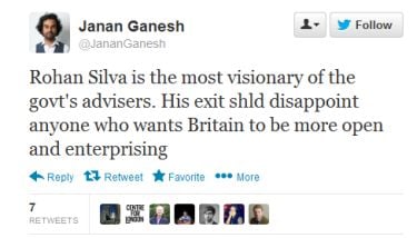 A tweet reading: Rohan Silva is the most visionary of govt's advisers. His exit shld disappoint anyone who wants Britain to be more open and enterprising