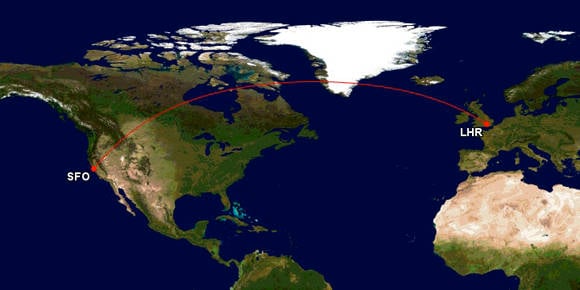 Flight path from San Francisco to Heathrow airports
