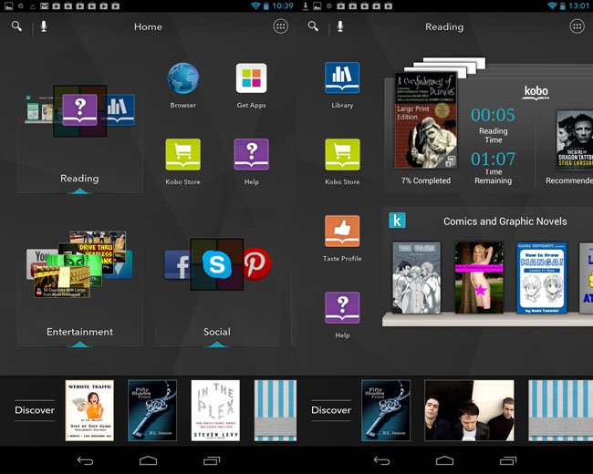 Kobo Arc 7in Android tablet home screen and reading Tapestries