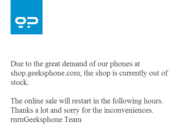 Screenshot of message indicating Geeksphone handsets have sold out