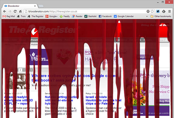 The Register's homepage under the influence of the Raining Blooderator