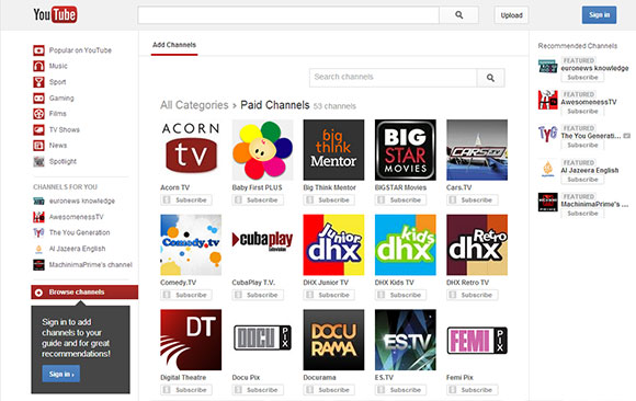 Screenshot of YouTube's subscription channel center