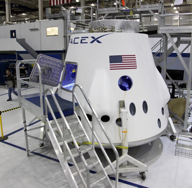 The Dragon Crew Engineering Model on the factory floor at SpaceX headquarters in Hawthorne, California. Photo: SpaceX