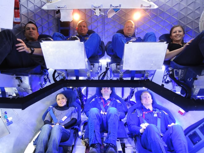 Inside the Dragon capsule (from top left): NASA Crew Survival Engineering Team Lead Dustin Gohmert, NASA Astronaut Tony Antonelli, NASA Astronaut Lee Archambault, SpaceX Mission Operations Engineer Laura Crabtree, SpaceX Thermal Engineer Brenda Hernandez, NASA Astronaut Rex Walheim, and NASA Astronaut Tim Kopra. Photo: SpaceX