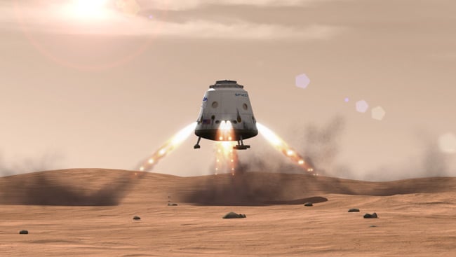 Artist's rendition of a Dragon spacecraft using its SuperDraco thrusters to land on Mars. Pic: SpaceX.