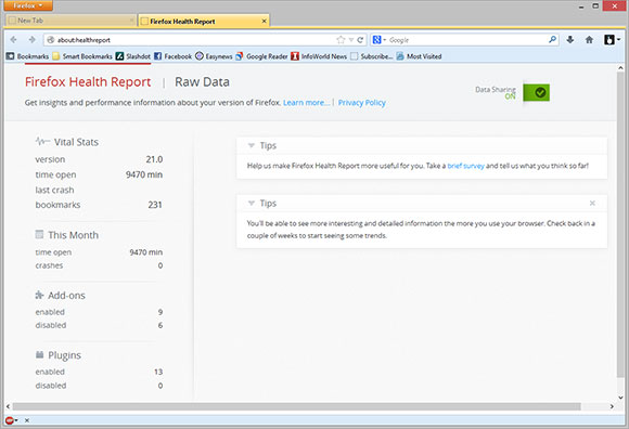 Screenshot of Firefox Health Report