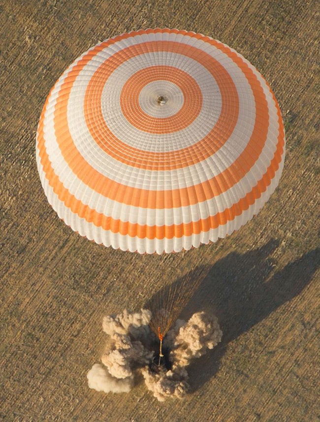 The Soyuz TMA-04M spacecraft is seen as it lands with Expedition 32 Commander Gennady Padalka of Russia, NASA Flight Engineer Joe Acaba and Russian Flight Engineer Sergie Revin in a remote area near the town of Arkalyk, Kazakhstan, on Monday, September 17, 2012. Pic: NASA/Carla Cioffi
