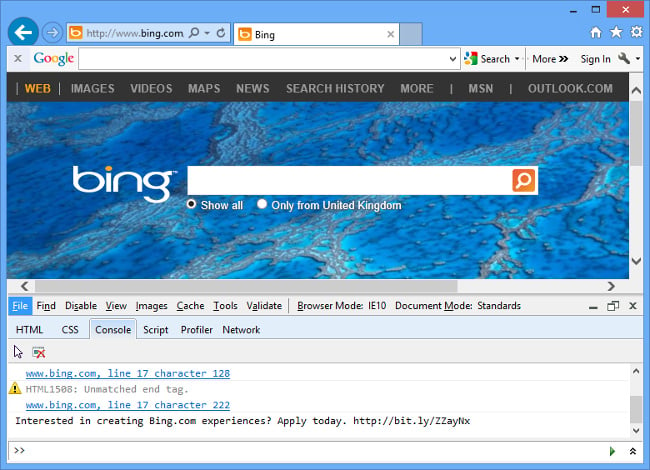 Hidden Bing developer ad