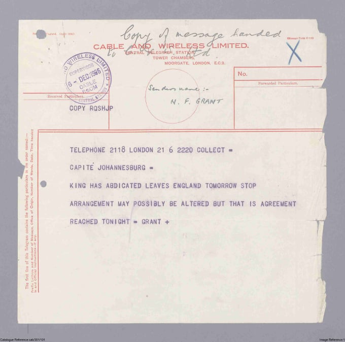 Journalist's telegram about Edward VIII's abdication