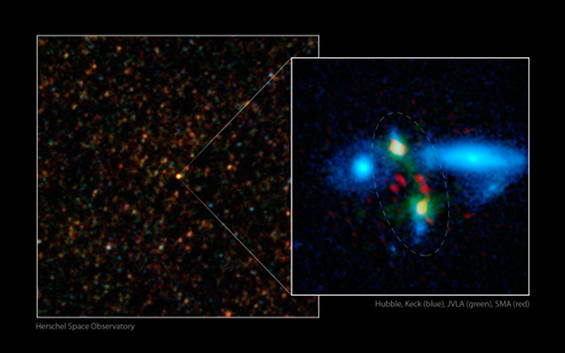  A pair of merging galaxies in the young Universe discovered with Herschel (left panel) and imaged at higher resolution at near-infrared, sub-millimetre and radio wavelengths (right panel). Credit: ESA/NASA/JPL-Caltech/UC Irvine/STScI/Keck/NRAO/SAO