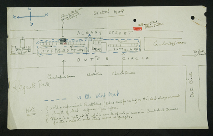 Sketch outlining police patrol around Wallis Simpson's house