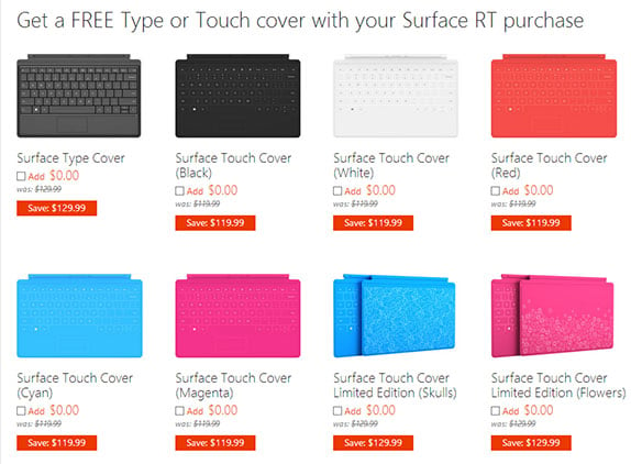 Screenshot of Microsoft's online store showing free covers for Surface RT