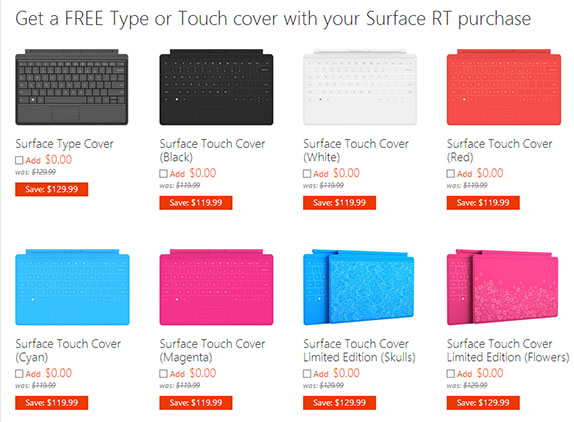 Screenshot of Microsoft's online store showing free covers for Surface RT