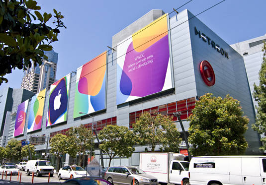 Signs on the Metreon, across the street from San Francisco's Moscone West, in preparation for Apple's Worldwide Developers Conference