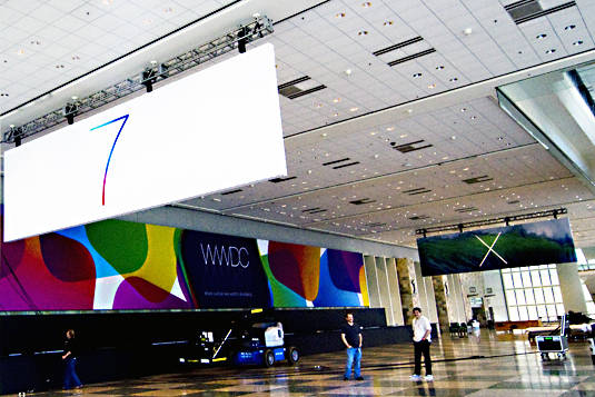 '7' and 'X' signs in the lobby of San Francisco's Moscone West, in preparation for Apple's Worldwide Developers Conference