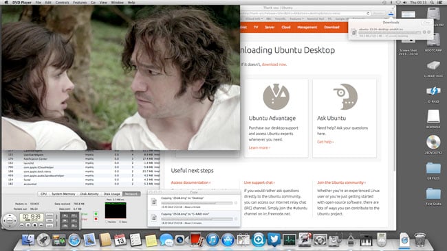 Simultaneous 2 x 25GB transfers from Thunderbolt G-RAID to FireWire 800 G-RAID and Mac HDD; DVD playback and Ubuntu ISO download using Belkin Express Dock