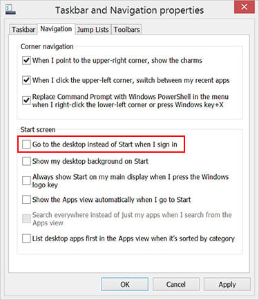 Where to find the boot-to-desktop option in Windows 8.1