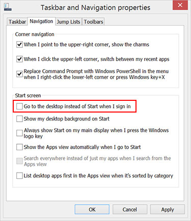 Where to find the boot-to-desktop option in Windows 8.1