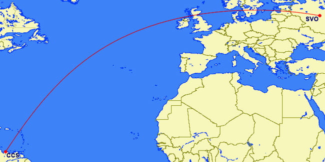 Moscow (SVO) to Caracas (CCS) possible direct flight path