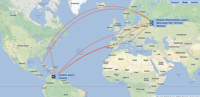 Moscow (SVO) to Caracas (CCS) indirect flight paths