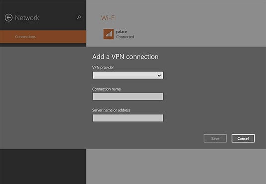 Screenshot of Windows 8.1's new VPN control panel