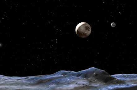 artist's concept above shows the Pluto system from the surface of one of the candidate moons