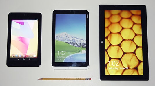 Tablet size comparison: Asus Nexus 7, Acer Iconia W3, Microsoft Surface Pro