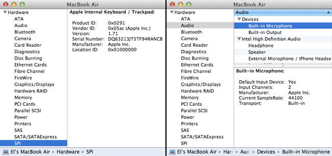 System Profiler details SPI HIDs and dual channel mics