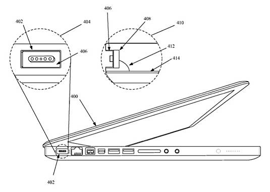 Image from Apple's 'Unibody Magnet' patent, showing improvements to the MagSafe port in a MacBook